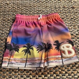 Sunset Barbie Gradient Kids Swim Trunks with Palm Trees